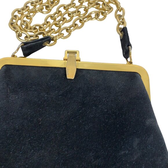 VTG JUMBO Coin Purse: Black Suede Saddle Shoulder Bag Gold Chain Handle & Frame - Picture 2 of 10